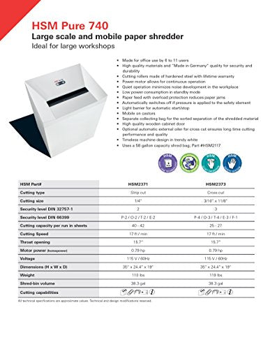HSM Pure 740c Cross-Cut Shredder - 27 Sheets, 38.3-Gallon Capacity