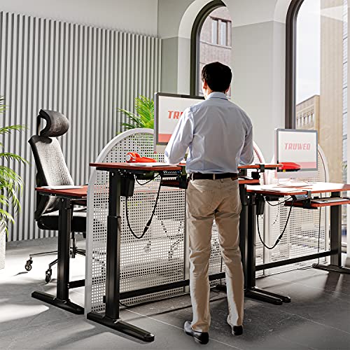 Truweo Adjustable Electric Standing Desk – 50 x 23.6 inches Sit to Stand Office Desk with Cable and Sliding Keyboard Tray – 3 Controlled Memory Height Settings – Anti-Scratch Surface – Brown