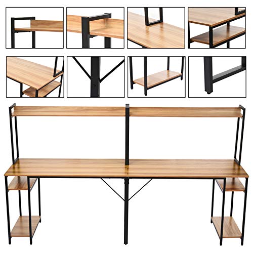 Double Workstation Desk, 94.5 inches Computer Desk with Hutch, Extra Long Two Person Desk with Storage Shelves, 2 in 1 Study Table & Bookshelves Combo PC Laptop Workstation for Home Office (Brown)