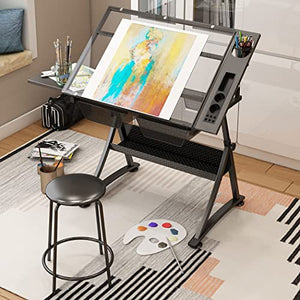 VejiA Drafting Table for Artists, Height Adjustable Glass Writing Desk with Stool, Tiltable Drawing Table Craft/Art Desk, 2 Storage Drawer