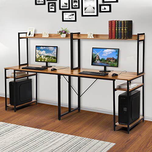 Computer Desk with Hutch and Bookshelf, 95 inch Writing Study Desk, Office Sturdy Double Workstation Desk for Small Spaces, Modern Wood Desk with Open Storage Space (Brown)