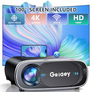 Goiaey WiFi Bluetooth Projector, 1080P Full HD 4K Supported, Portable Outdoor Movie, Auto Focus, Keystone & Zoom, Smart for Phone/PC/TV Stick