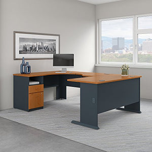 Bush Business Furniture Series A 60W x 93D U Shaped Desk with 2 Drawer Pedestal in Natural Cherry and Slate