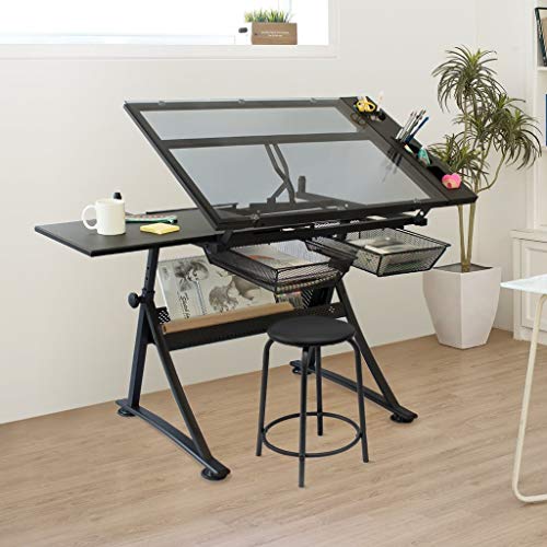 Lgan Drafting Table with Storage, Height Adjustable Tiltable Art Desk, Glass Panel Drawing Desk, for Work Study Painting Craft Table
