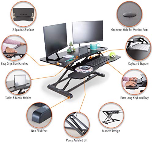 Flexpro Hero 37 Inch Standing Desk | 2 Level Standing Desk Converter with Keyboard Shelf and Monitor Riser | Large Dual Level Sit to Stand Workspace | Easily Sit or Stand in Seconds! (Black / 37")