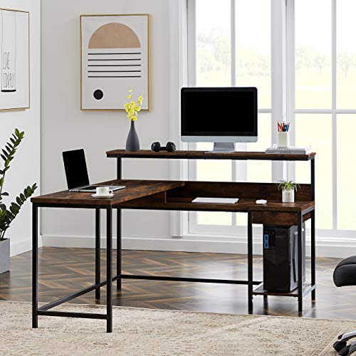 TANGFUTI L-Shaped Computer Desk with Monitor Shelf and CPU Stand, Industrial Corner Office Desk Study Desk Large Workstation for Home and Office (Brown)