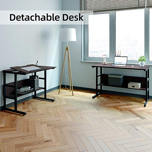 YITAHOME Tiltable Modern L-Shaped Computer Desk with Bookshelf, 67 inch Double Workstation Corner Studying Desk Drafting Drawing Gaming Table for Office Home, Walnut