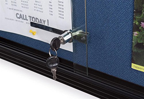 Locking Bulletin Board, 48 x 36 Inch, Blue Fabric, Sliding Glass Doors