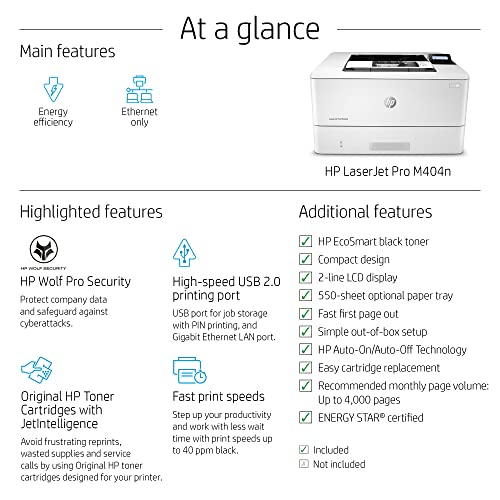HP Laserjet Pro M404 n Black and White Single-Function Wired Laser Printer, White - Print only - 2-line LCD Display, 40 ppm, 4800 x 600 dpi, Ethernet, Hi-Speed USB
