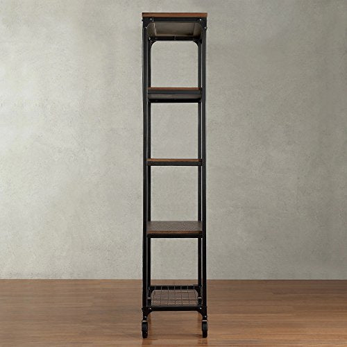ModHaus Living Modern Industrial Rustic Riveted Black Metal & Wood Bookcase Shelf with Decorative Wheels - Includes (R) Pen