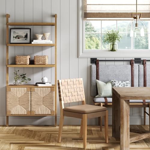 Nathan James Solid Wood Bookshelf with Storage Cabinet & Seagrass Door Fronts, Set of 4