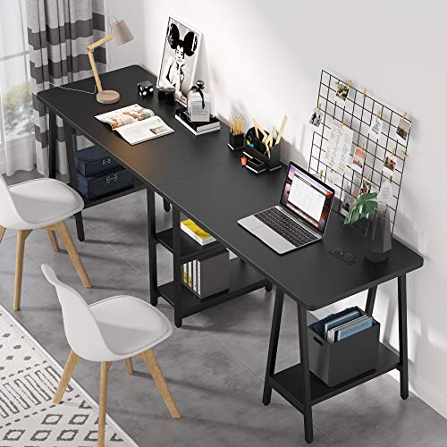 Tribesigns Double Computer Desk with Shelves, 94.5 Inches Extra Long Two Person Desk, Writing Desk Workstation for Home Office (Black)
