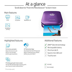 HP Sprocket Portable Photo Printer, Print Social Media Photos on 2x3 Sticky-Backed Paper - Purple (Z9L25A)