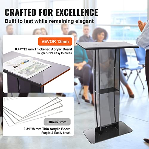 VEVOR Acrylic Podium Stand, 47" Tall, Wide Reading Surface, Storage Shelf, Floor-Standing Clear Pulpit for Church Office School, Black