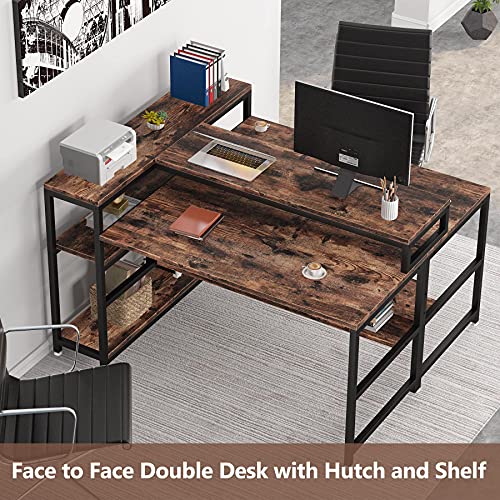 Tribesigns Two Person Desk Double Workstation with Bookshelf,47 x 59 Extra Large Face to Face 2 Person Computer Desk with Monitor Stand Shelf & Storage Shelves, Office Study Table,Rustic & Black