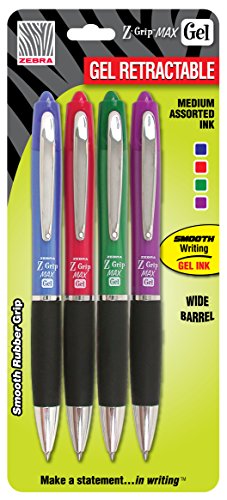 Zebra Z-Grip MAX Roller Ball Gel Retractable Pen, 0.7mm, Assorted, 4-Pack (42294)
