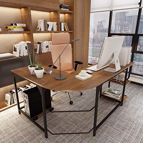 Teraves Computer Desk with 5 Tier Shelves & Reversible L Shaped Desk with Shelves Round Corner Computer Desk Gaming Table Workstation for Home Office