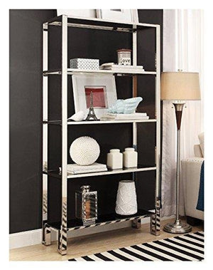 ModHaus Modern Mirror Finish Chrome Bookcase with 5 Black Tempered Glass Shelves - 36 Wide x 73 Height x 15 Depth inches Indoor Includes ModHaus Living (TM) Pen