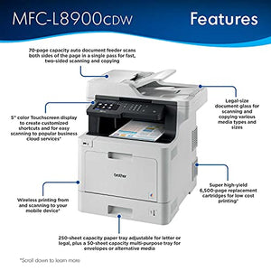 Brother MFC-L8900CD Wireless All-in-One Color Laser Printer for Office - Print Copy Scan Fax - 33 ppm, 2400 x 600 dpi, 5" Touchscreen Display, Auto Duplex Printing, 70-Sheet ADF, BROAGE Printer Cable