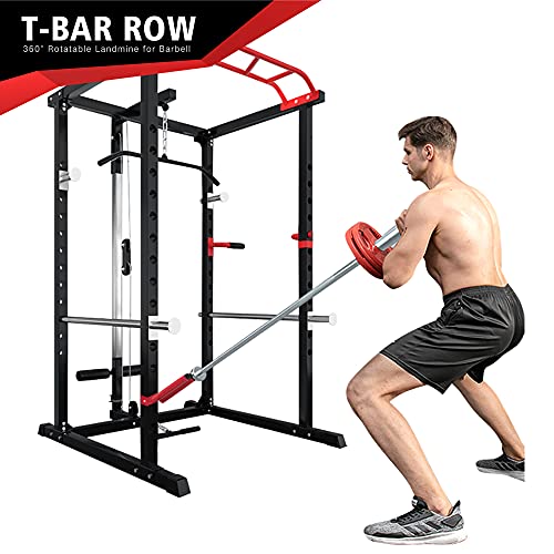 ER KANG Olympic Power Cage, 1000 lbs Light Commercial Weight Cage with LAT Pull-Down Pulley System, 360 Degree Landmine, Dip Bars and Other Attachments