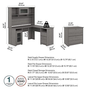 Bush Furniture Cabot 60-Inch L-Shaped Desk with Hutch and Lateral File Cabinet, Modern Gray