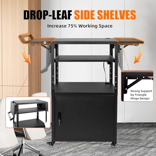 TooCust Large Steel AV Cart with Drop Leaves, Locking Cabinet, Height Adjustable, Pullout Keyboard Tray, Power Strip - Mobile Workstation for Office, Classroom & Warehouse