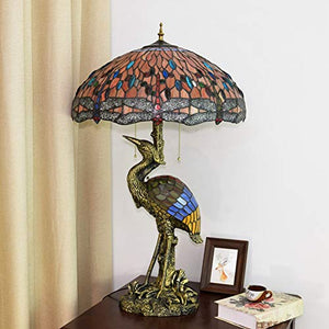 Xiaochen Antique Tiffany Style 20" Male Bird Desk Lamp - Red Dragonfly Glass Lampshade for Living Room Study Bedroom