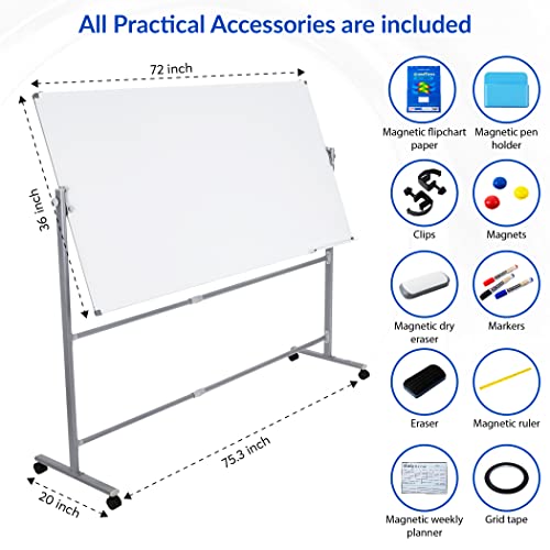 OCNBLU Mobile White Board 72"x36" - Magnetic Dry Erase Board with Lockable Wheels - Multipurpose Double-Sided Board for Home, Office, Classroom Use - Adjustable Height, Fixed Angle, 360-Degree Flip