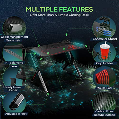 EUREKA ERGONOMIC Gaming Desk with RGB Lighting Gaming Table 44.5'' PC Desk Easy to Assemble Computer Desk with Free Mouse pad, Cup Holder& Headphone Hook for Men Boy/Girlfriend Son/Daughter Black