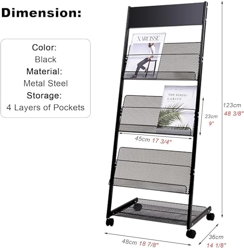 WEBERT Floor-Standing Magazine Rack with Wheels - Heavy Duty Portable Literature Stand