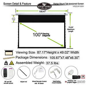VIVIDSTORM Office Presentation Mortar Mount Tension Screen,Electric Drop Down Projector Screen,100-inch Diag 16:9, White Cinema Screen Material,Gain 1.1, Wireless 12V Projector Trigger,Model:VXZLW100H