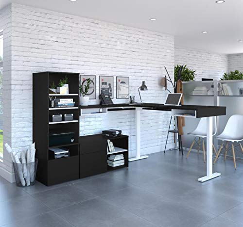 Bestar Viva L-Shaped Standing Desk with Credenza and Shelving Unit, 72W, Black