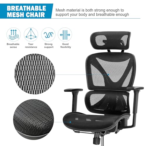 GABRYLLY Ergonomic Office Chair with Lumbar Support, Adjustable 3D Arms, Reclining, Headrest & Large Seat - Grey