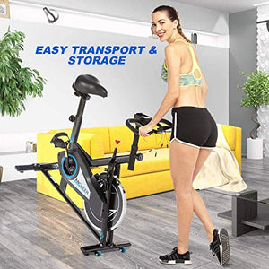 ANCHEER Exercise Stationary Bike, Indoor Cycling Bike Belt Drive with APP Connection, Adjustable Resistance, LCD Monitor, Comfortable Cushion,Pad/Phone Holder, Quiet for Home Gym Cardio Workout