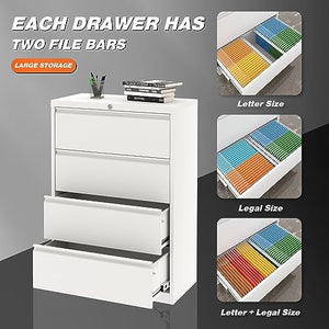 SUXXAN 4 Drawer Metal Lateral File Cabinet with Lock, White - Letter/Legal/F4/A4 Size