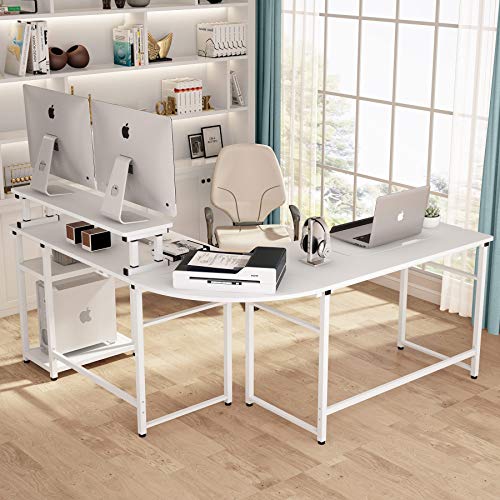 Tribesigns L-Shaped Computer Desk with Monitor Stand Riser, 70.8 inches Corner Computer Desk Study Writing Workstation Drafting Table with Tiltable Drawing Board for Home Office Use (White)
