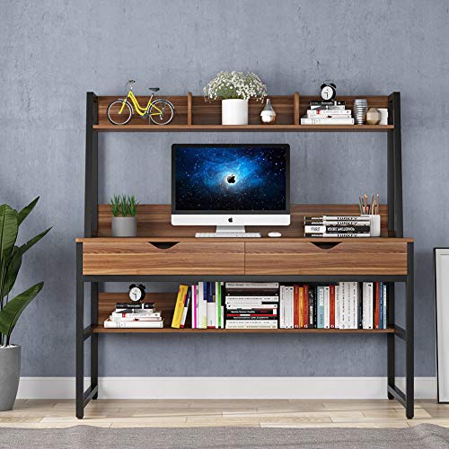 Tribesigns Computer Desk with 2 Drawers, 47 Inches Office Writing Desk with Bookshelf and Hutch, Space Saving Workstation Desk for Home Office (Dark Walnut)