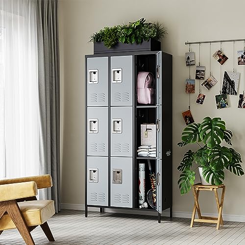 Letaya Metal Lockers for Employees - 9 Door Storage Locker with Shelves and Lockable Steel Cabinet - Black & Gray, 9 Door