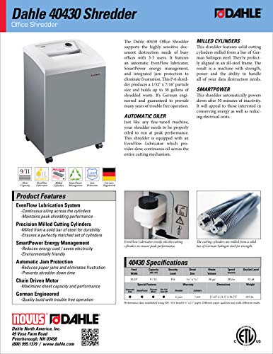 Dahle 40430 Paper Shredder with Automatic Oiler, SmartPower, Jam Protection, Extreme Cross Cut - P-6 Security Level, 9 Sheet Max - 3-5 Users