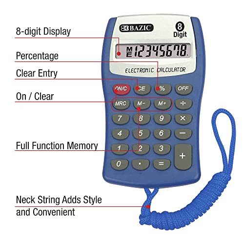 BAZIC Products Pocket Size Calculator 8-Digit with Neck String, LCD Display, Small Standard Function Electronics Calculators - 144-Pack