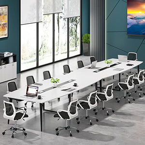 Tribesigns 8FT Boat Shaped Conference Table with Grommet - White & Black, Modern Office Meeting Table