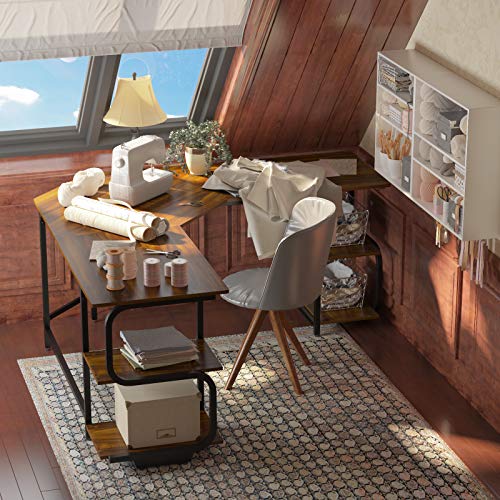 Teraves Reversible L Shaped Desk with Shelves Round Corner Computer Desk Gaming Table Workstation for Home Office
