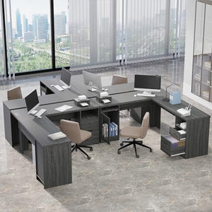 IdeaKey L Shaped Desk with File Cabinet and Storage Drawers, Power Outlets, Executive Office Desk, Retro Grey, 60 Inch