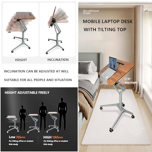 HGTRH Mobile Laptop Stand Desk Rolling Cart, Adjustable Height Tilting Top Portable Reading Table