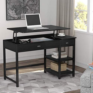 Tribesigns Modern Lift Top Computer Desk with Drawers, 47 inch Writing Desk Study Table Workstation with Storage Shelves, Height Adjustable Standing Desk for Home Office, Small Spaces(Black)