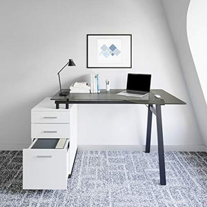 Techni Mobili Modern Smoke Tempered Glass top & Storage Home Office Computer Writing Desk Workstation with Two Cupholders and a Headphone Hook-Pine, White