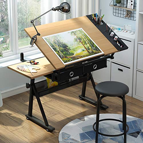 Lgan Tiltable Drawing Table, Adjustable Art Desk, with Storage Craft Table, Drafting Table Maple Panel, Child Adult Drawing Desk