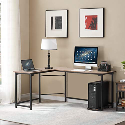 VECELO L-Shaped Computer Desk 66" with CPU Stand/PC Laptop Study Writing Table Workstation for Home Office Wood & Metal,Oak+Black Leg