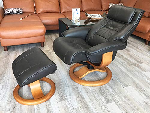 Fjords Mustang Large Leather Recliner Chair and Ottoman Norwegian Ergonomic Furniture Nordic Line Genuine Stone Leather Teak Wood