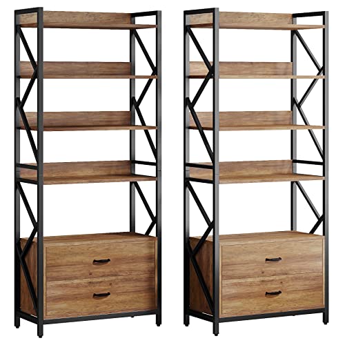 Tribesigns Industrial Bookshelf with Drawers, 70.8" - 5 Shelf Open Storage, Brown - 2pcs